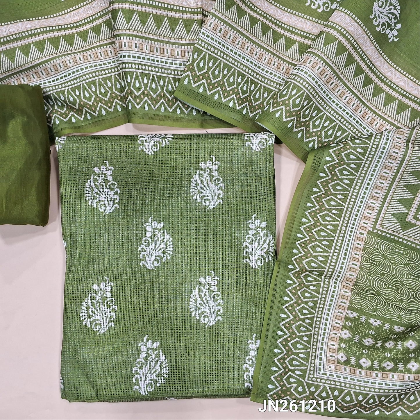 Leafy green printed fancy kota silk cotton unstitched salwar material(thin, lining needed)matching silky bottom, printed fancy kota silk cotton dupatta. JN261210