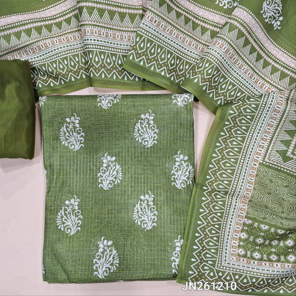 Leafy green printed fancy kota silk cotton unstitched salwar material(thin, lining needed)matching silky bottom, printed fancy kota silk cotton dupatta. JN261210