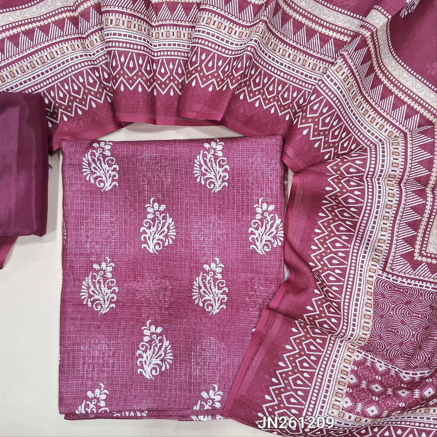 Dark pink printed fancy kota silk cotton unstitched salwar material(thin, lining needed)matching silky bottom, printed fancy kota silk cotton dupatta. JN261209