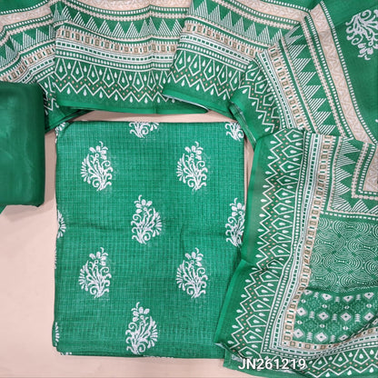 Turquoise green printed fancy kota silk cotton unstitched salwar material(thin, lining needed)matching silky bottom, printed fancy kota silk cotton dupatta. JN261219