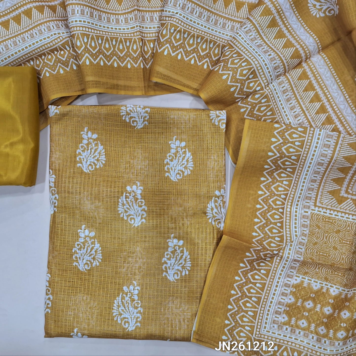 Mehandhi yellow printed fancy kota silk cotton unstitched salwar material(thin, lining needed)matching silky bottom, printed fancy kota silk cotton dupatta. JN261212