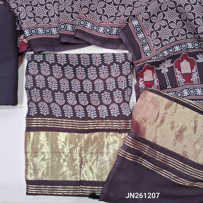 Dark brown ajrak printed taspa silk unstitched salwar material(lining needed) gold tissue borders on daman, hand block prints all over,matching cotton bottom,ajrak printed taspa silk dupatta with tissue pallu (TAPING NEEDED) JN261207