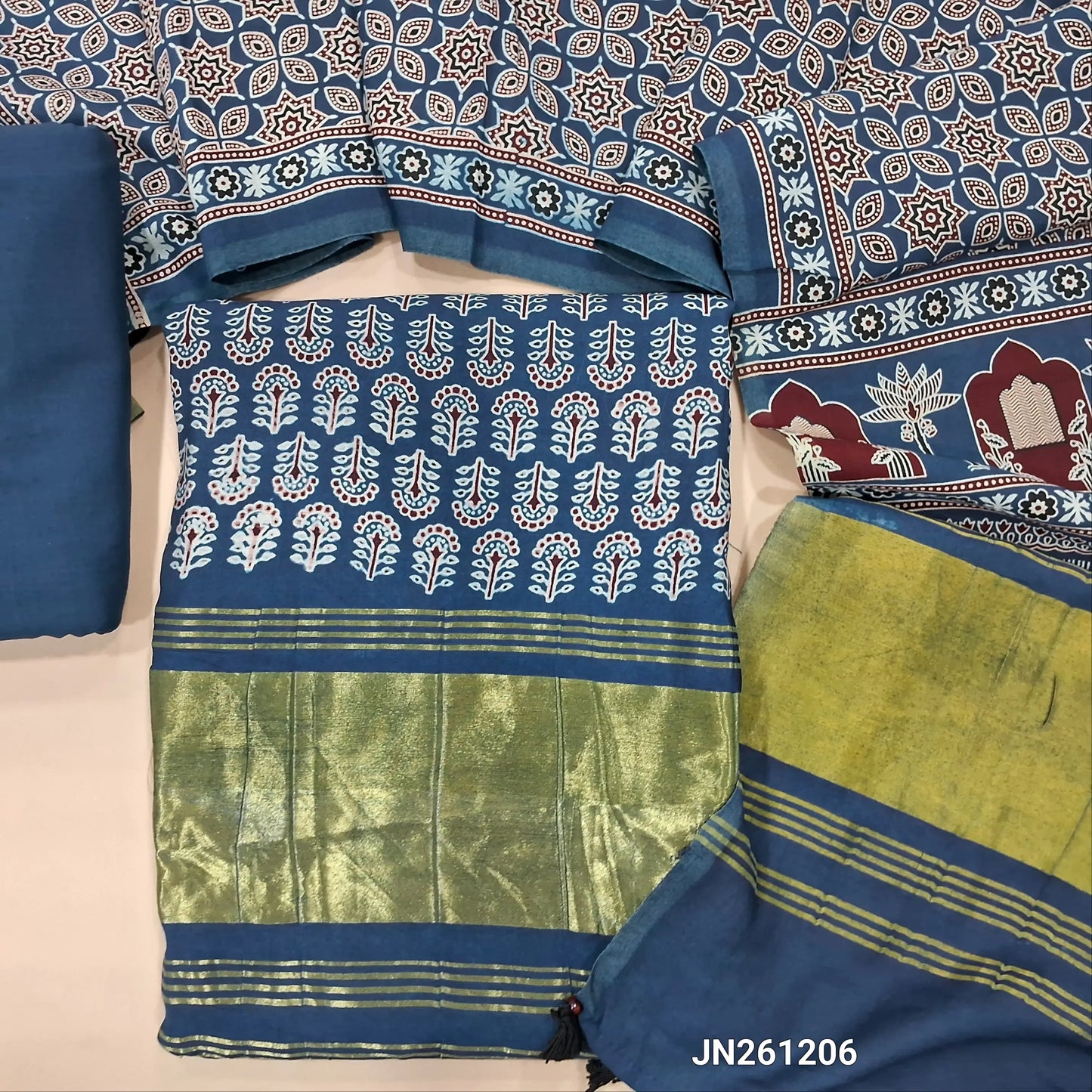Indigo blue ajrak printed taspa silk unstitched salwar material(lining needed) gold tissue borders on daman, hand block prints all over,matching cotton bottom,ajrak printed taspa silk dupatta with tissue pallu (TAPING NEEDED) JN261206