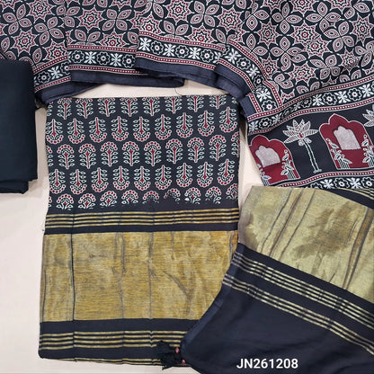 Black ajrak printed taspa silk unstitched salwar material(lining needed) gold tissue borders on daman, hand block prints all over,matching cotton bottom,ajrak printed taspa silk dupatta with tissue pallu (TAPING NEEDED) JN261208