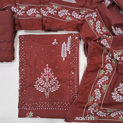 Designer maroon premium pure cotton unstitched salwar material (thin,lining optional) thread embroidery, sugar bead & sequins work on yoke, printed all over, printed less work cotton bottom, printed pure mul cotton dupatta. JN261217
