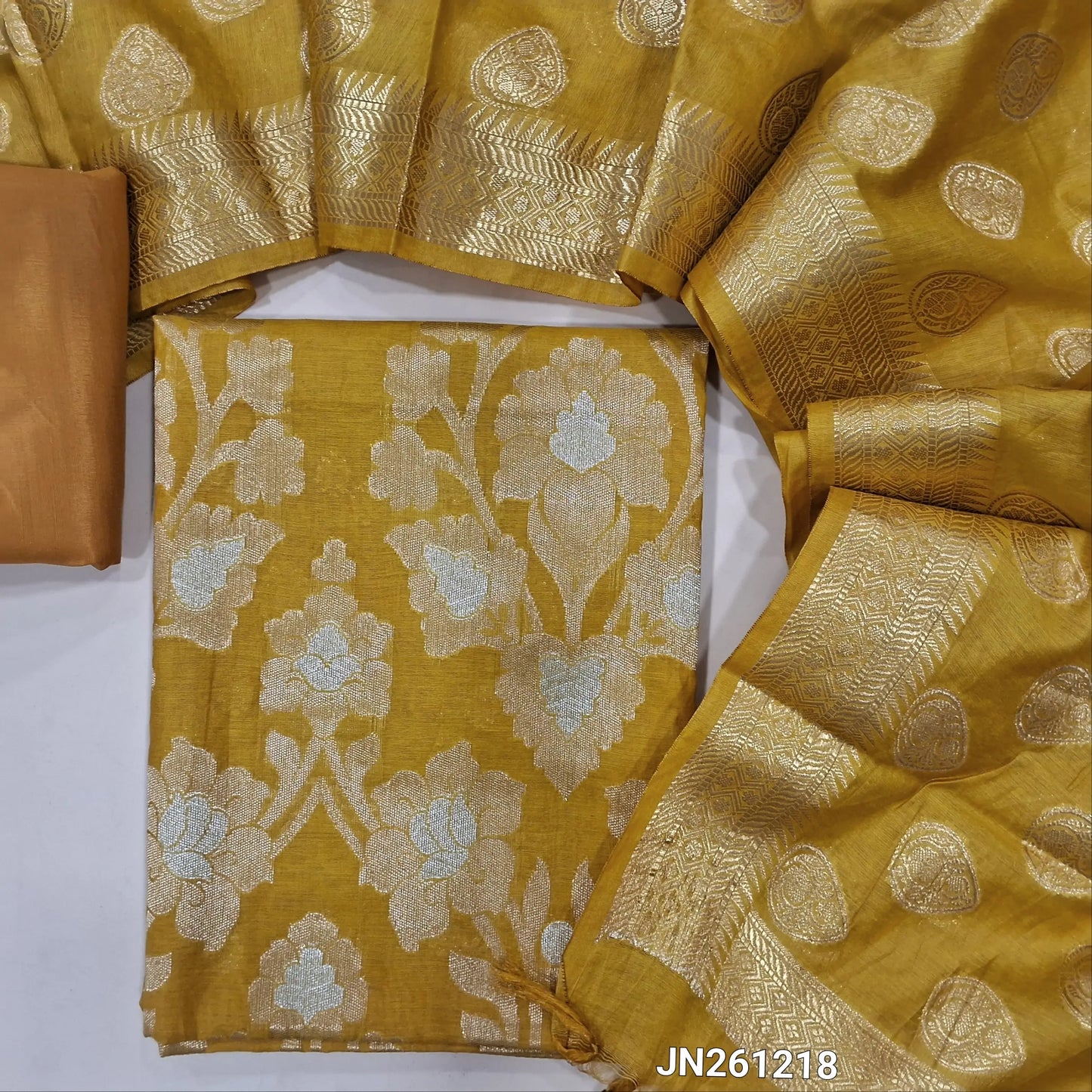 Mehandhi Yellow Premium Benarasi woven soft silk cotton unstitched salwar material (lining needed) anti gold zari & sliver zari weaving,rich daman,matching silky bottom,zari buttas on soft silk cotton dupatta with benarasi woven borders. JN261218