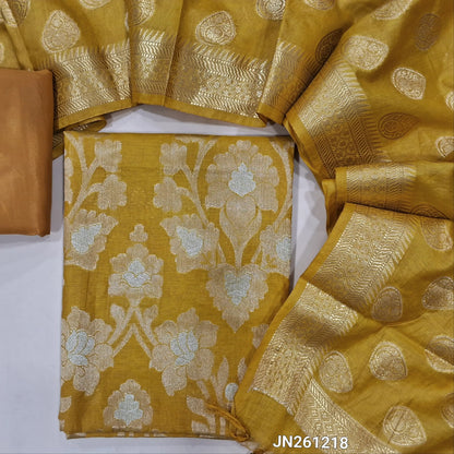 Mehandhi Yellow Premium Benarasi woven soft silk cotton unstitched salwar material (lining needed) anti gold zari & sliver zari weaving,rich daman,matching silky bottom,zari buttas on soft silk cotton dupatta with benarasi woven borders. JN261218