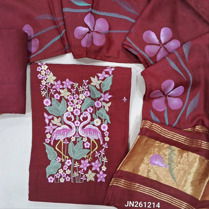Maroon soft silk cotton unstitched salwar material (lining needed) floral rich embroidery work on yoke,floral embroidery front,matching spun cotton bottom,brush paint work on fancy silk cotton dupatta with gold tissue pallu. JN261214