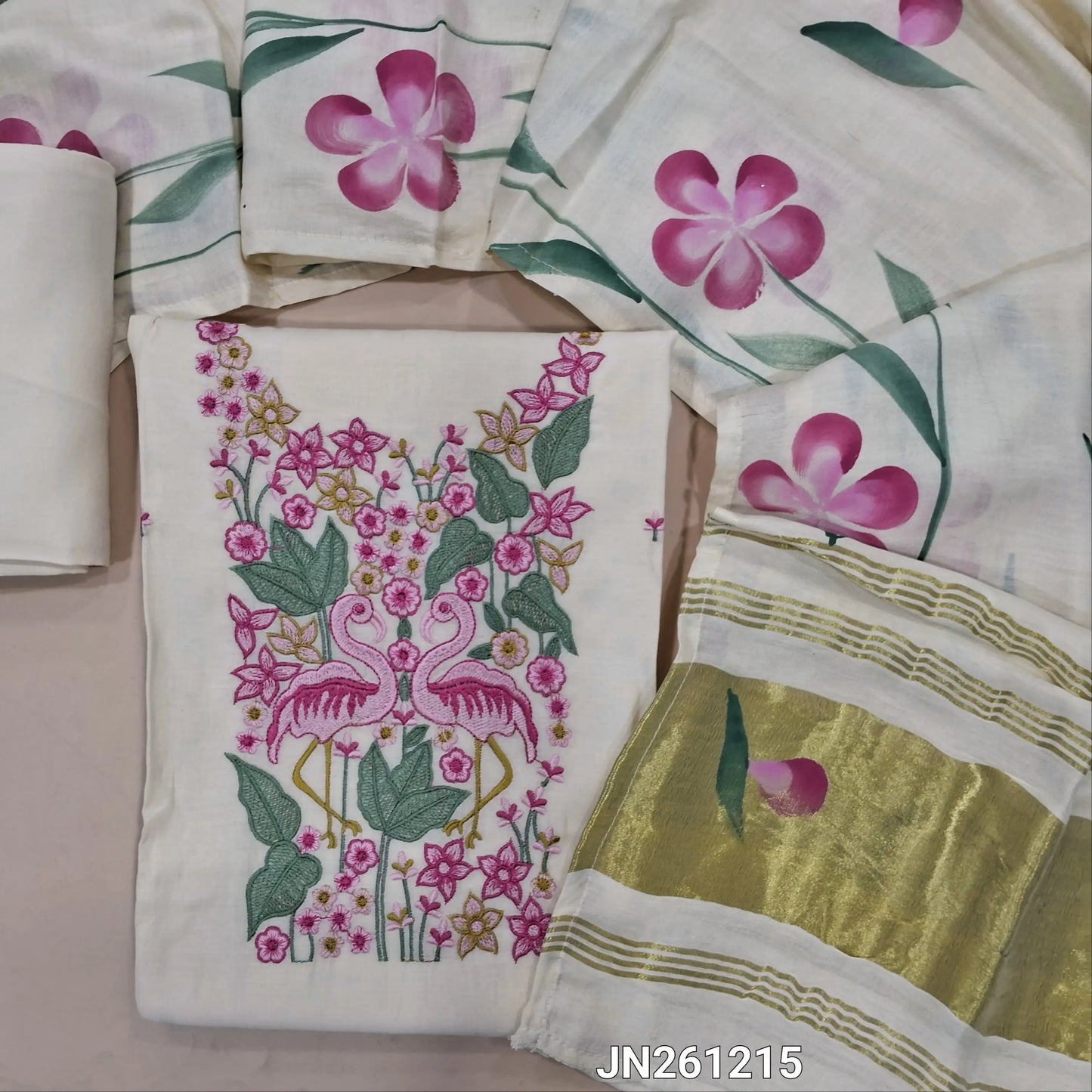 Off white soft silk cotton unstitched salwar material (lining needed) floral rich embroidery work on yoke,floral embroidery front,matching spun cotton bottom,brush paint work on fancy silk cotton dupatta with gold tissue pallu. JN261215