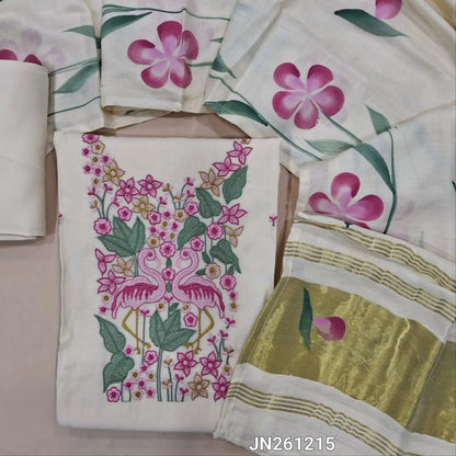 Off white soft silk cotton unstitched salwar material (lining needed) floral rich embroidery work on yoke,floral embroidery front,matching spun cotton bottom,brush paint work on fancy silk cotton dupatta with gold tissue pallu. JN261215