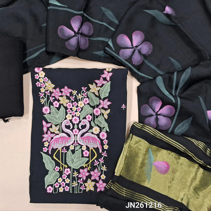 Black soft silk cotton unstitched salwar material (lining needed) floral rich embroidery work on yoke,floral embroidery front,matching spun cotton bottom,brush paint work on fancy silk cotton dupatta with gold tissue pallu. JN261216