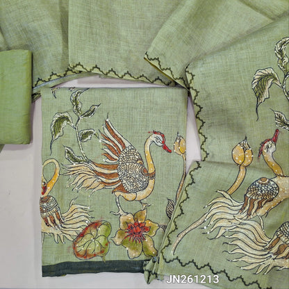Designer sage green golden tint tissue linen unstitched salwar material,embroidery on yoke,digital printed with french knot, kantha stitch & sequins work on daman (lining needed)santoon bottom,embroidery on digital printed tissue linen dupatta. JN261213
