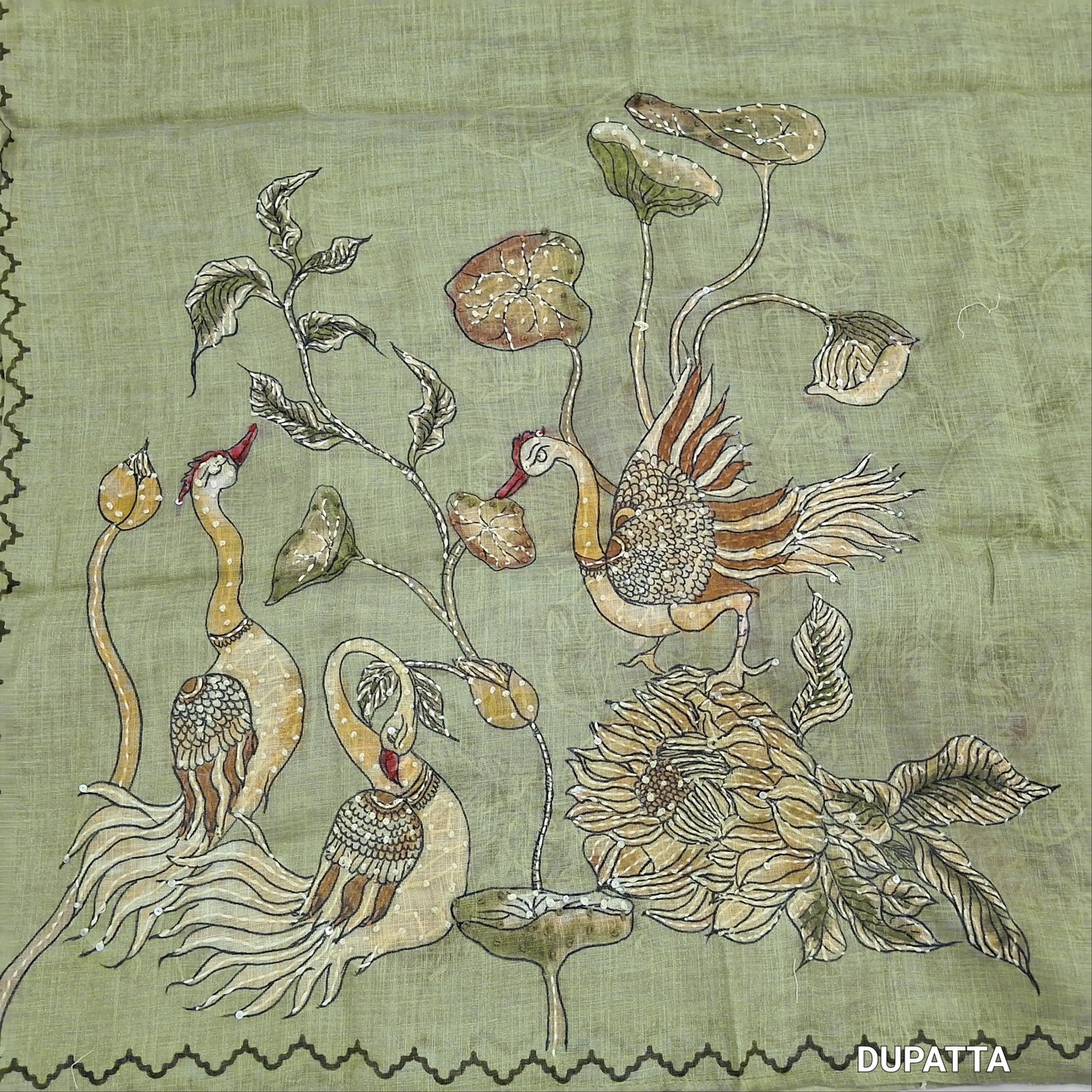 Designer sage green golden tint tissue linen unstitched salwar material,embroidery on yoke,digital printed with french knot, kantha stitch & sequins work on daman (lining needed)santoon bottom,embroidery on digital printed tissue linen dupatta. JN261213