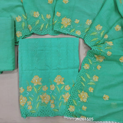 Designer pastel blue soft dobby cotton unstitched salwar material,floral work front, floral embroidery,cut work on daman (lining needed) drum dyed fabric provide for lining provided NO BOTTOM, embroidered soft mul cotton dupatta with borders. JN261505