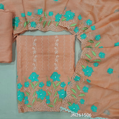 Designer pastel peach soft dobby cotton unstitched salwar material,floral work front, floral embroidery,cut work on daman (lining needed) drum dyed fabric provide for lining provided NO BOTTOM, embroidered soft mul cotton dupatta with borders. JN261506