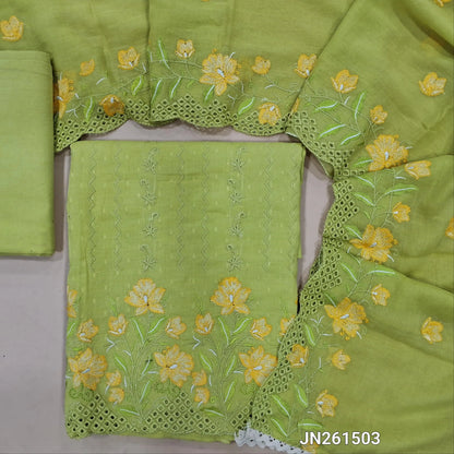 Designer pastel green soft dobby cotton unstitched salwar material,floral work front, floral embroidery,cut work on daman (lining needed) drum dyed fabric provide for lining provided NO BOTTOM, embroidered soft mul cotton dupatta with borders. JN261503