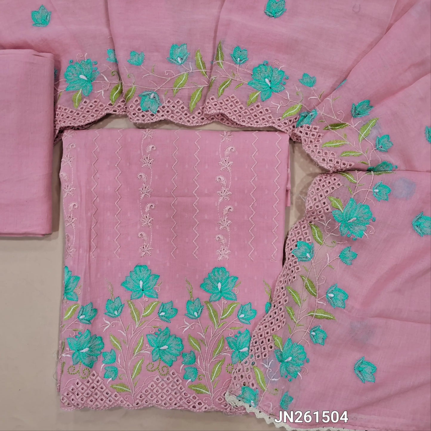 Designer pastel pink soft dobby cotton unstitched salwar material,floral work front, floral embroidery,cut work on daman (lining needed) drum dyed fabric provide for lining provided NO BOTTOM, embroidered soft mul cotton dupatta with borders. JN261504