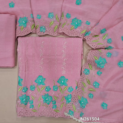 Designer pastel pink soft dobby cotton unstitched salwar material,floral work front, floral embroidery,cut work on daman (lining needed) drum dyed fabric provide for lining provided NO BOTTOM, embroidered soft mul cotton dupatta with borders. JN261504