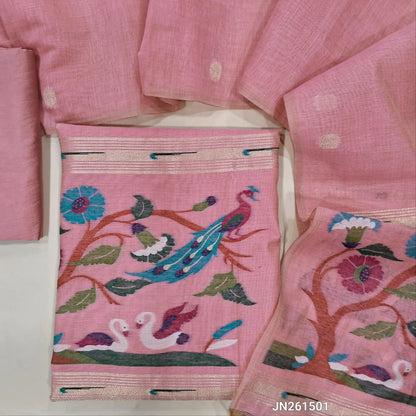 Pastel pink jamdani woven premium silk cotton unstitched salwar material ( soft,lining needed)floral weaving on daman border, gold zari buttas front,matching silky bottom, jamdani woven silk cotton full length dupatta with tassels. JN261501