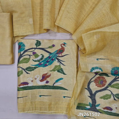 Rich beige jamdani woven premium silk cotton unstitched salwar material ( soft,lining needed)floral weaving on daman border, gold zari buttas front,matching silky bottom, jamdani woven silk cotton full length dupatta with tassels. JN261502
