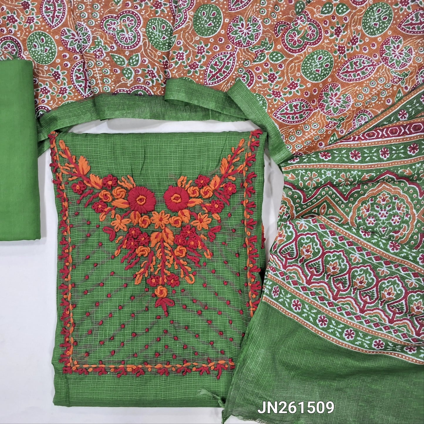 Designer green premium kota unstitched salwar material,hand embroidery work on yoke,embroidery work on front (soft,Lining Needed)matching cotton provided for lining NO BOTTOM,ajrak printed kota dupatta. JN261509