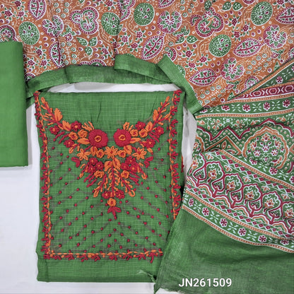 Designer green premium kota unstitched salwar material,hand embroidery work on yoke,embroidery work on front (soft,Lining Needed)matching cotton provided for lining NO BOTTOM,ajrak printed kota dupatta. JN261509