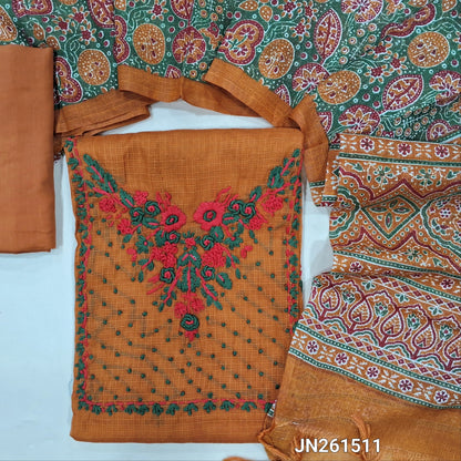 Designer rust orange premium kota unstitched salwar material,hand embroidery work on yoke,embroidery work on front (soft,Lining Needed)matching cotton provided for lining NO BOTTOM,ajrak printed kota dupatta. JN261511