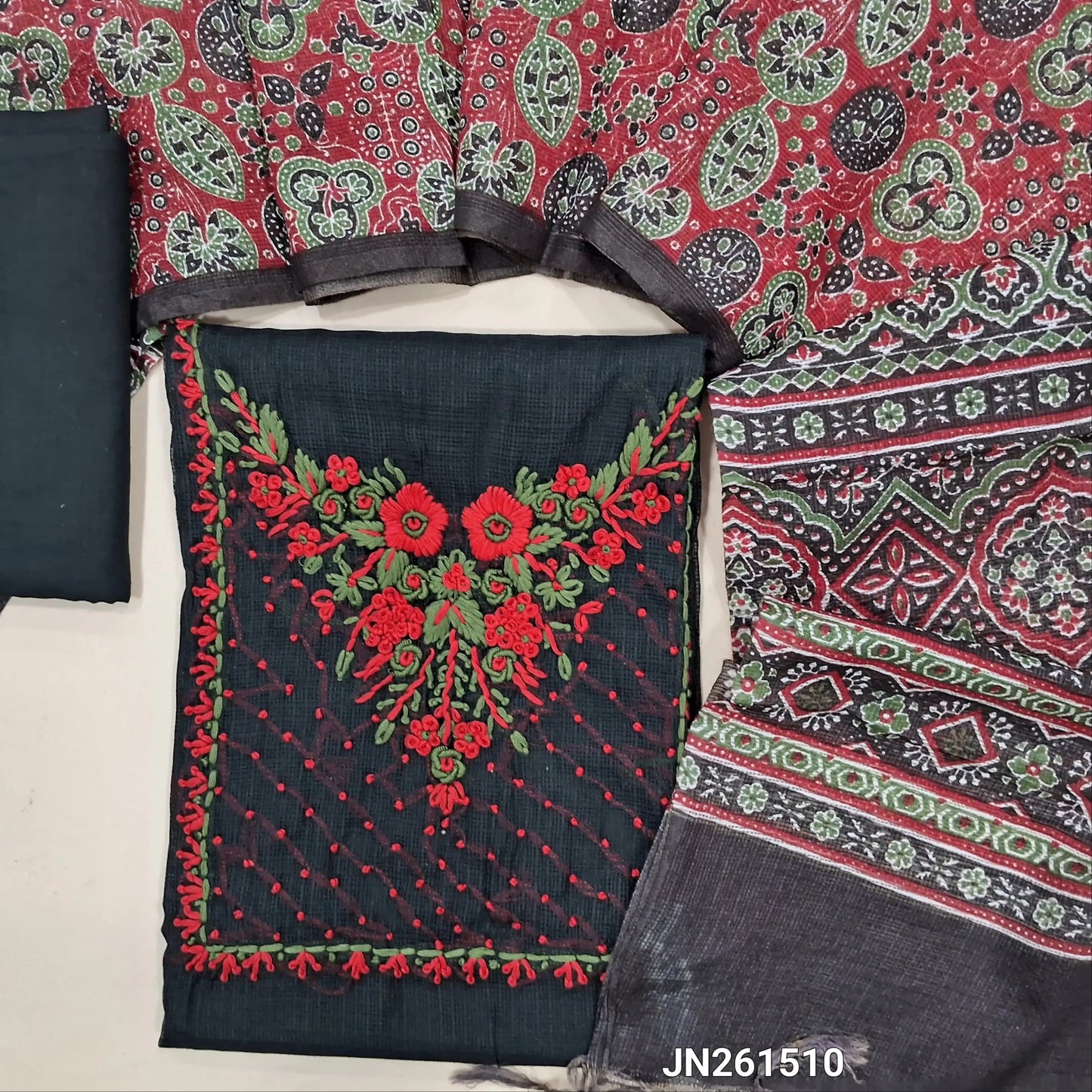Designer black premium kota unstitched salwar material,hand embroidery work on yoke,embroidery work on front (soft,Lining Needed)matching cotton provided for lining NO BOTTOM,ajrak printed kota dupatta. JN261510