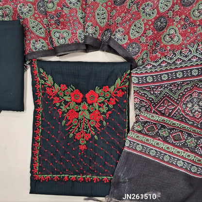 Designer black premium kota unstitched salwar material,hand embroidery work on yoke,embroidery work on front (soft,Lining Needed)matching cotton provided for lining NO BOTTOM,ajrak printed kota dupatta. JN261510