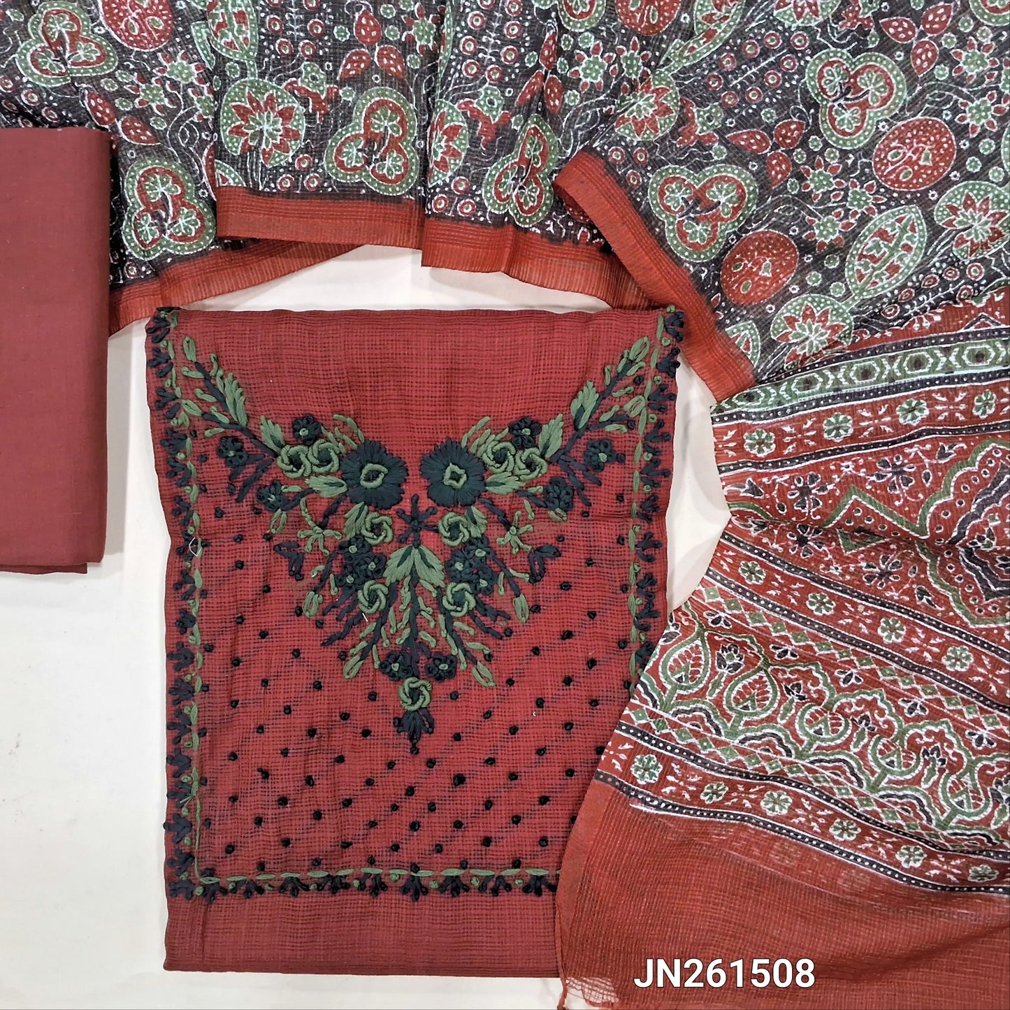 Designer reddish maroon premium kota unstitched salwar material,hand embroidery work on yoke,embroidery work on front (soft,Lining Needed)matching cotton provided for lining NO BOTTOM,ajrak printed kota dupatta. JN261508