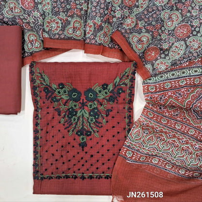 Designer reddish maroon premium kota unstitched salwar material,hand embroidery work on yoke,embroidery work on front (soft,Lining Needed)matching cotton provided for lining NO BOTTOM,ajrak printed kota dupatta. JN261508