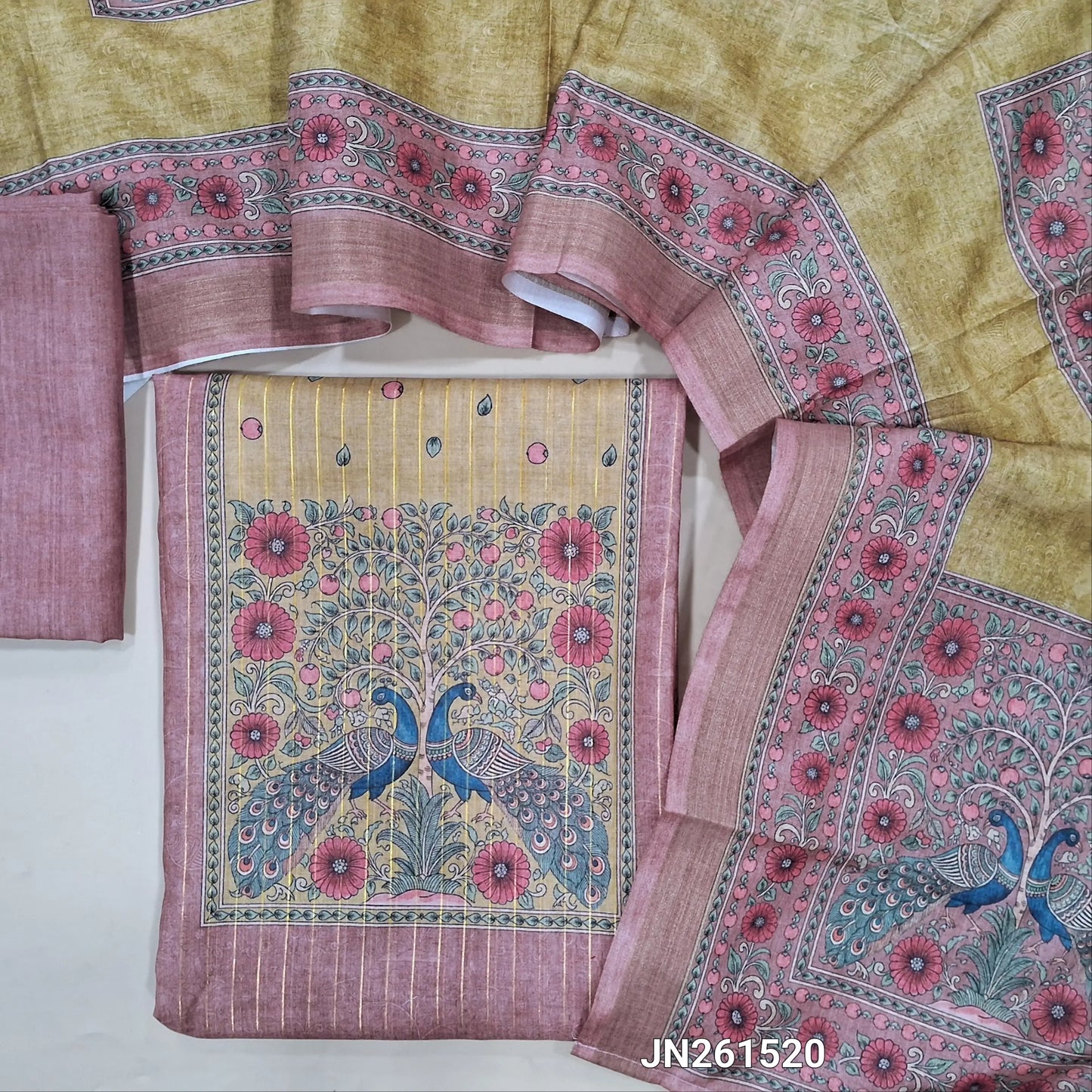 Onion pink digital printed soft silk cotton unstitched salwar material(lining needed)peacock printed yoke,vertical gold zari lines all over,matching bottom,digital printed full length soft silk cotton dupatta.JN261520