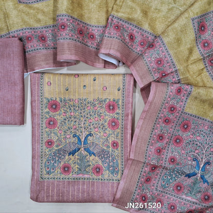 Onion pink digital printed soft silk cotton unstitched salwar material(lining needed)peacock printed yoke,vertical gold zari lines all over,matching bottom,digital printed full length soft silk cotton dupatta.JN261520