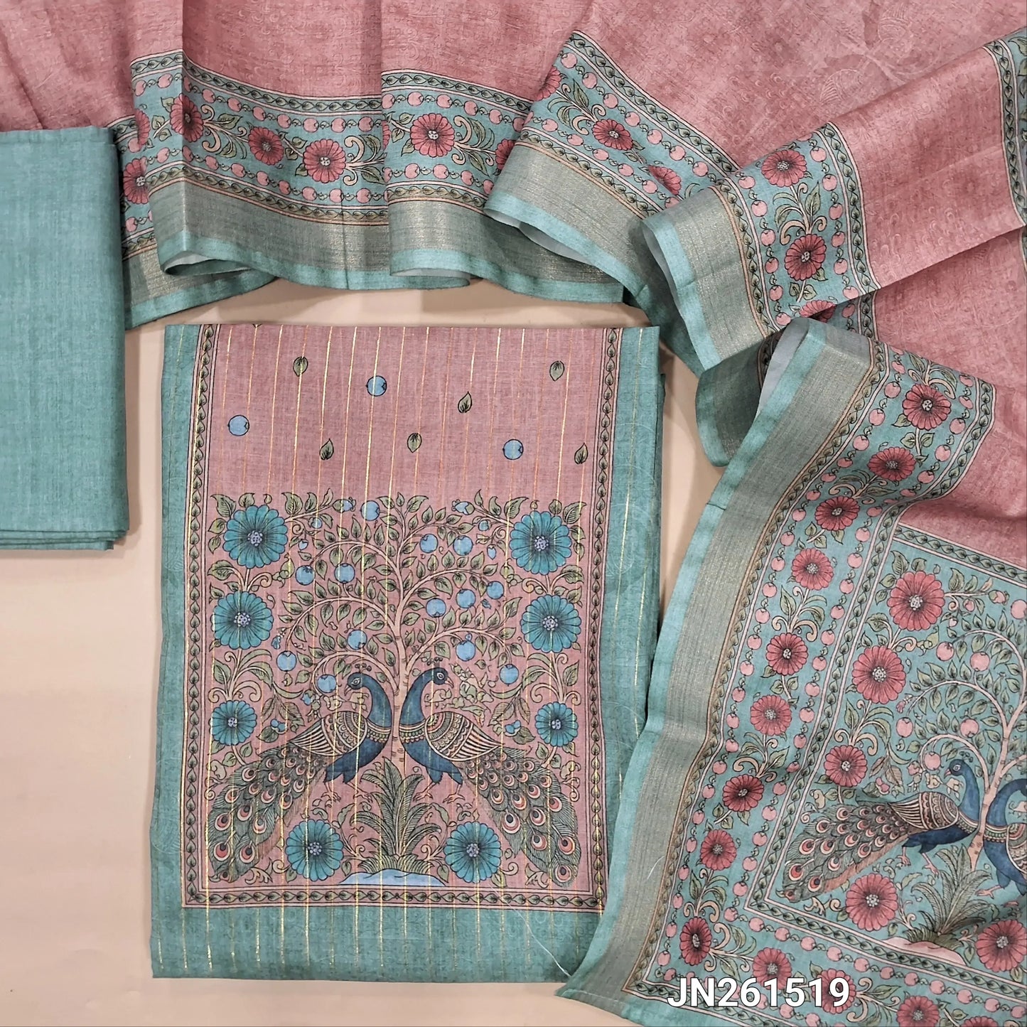Blueish grey digital printed soft silk cotton unstitched salwar material(lining needed)peacock printed yoke,vertical gold zari lines all over,matching bottom,digital printed full length soft silk cotton dupatta.JN261519