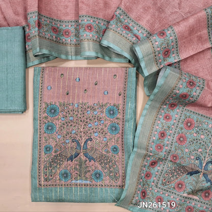 Blueish grey digital printed soft silk cotton unstitched salwar material(lining needed)peacock printed yoke,vertical gold zari lines all over,matching bottom,digital printed full length soft silk cotton dupatta.JN261519