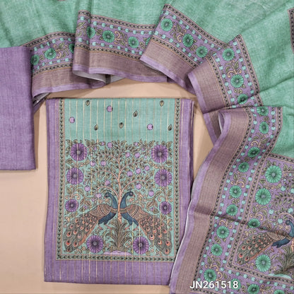 Lavender digital printed soft silk cotton unstitched salwar material(lining needed)peacock printed yoke,vertical gold zari lines all over,matching bottom,digital printed full length soft silk cotton dupatta.JN261518
