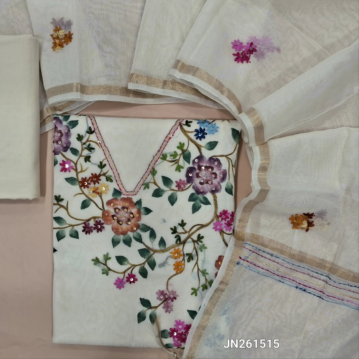 Designer half white base pure mul chanderi unstitched salwar material (soft,Lining Needed)brush paint & embroidery work on yoke, cotton provided for lining NO BOTTOM, brush paint,embroidery work on mul chanderi dupatta with gold tissue borders. JN261515