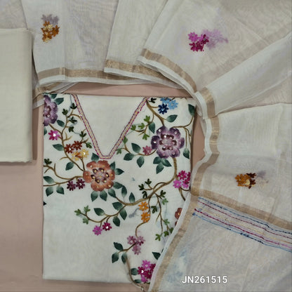 Designer half white base pure mul chanderi unstitched salwar material (soft,Lining Needed)brush paint & embroidery work on yoke, cotton provided for lining NO BOTTOM, brush paint,embroidery work on mul chanderi dupatta with gold tissue borders. JN261515