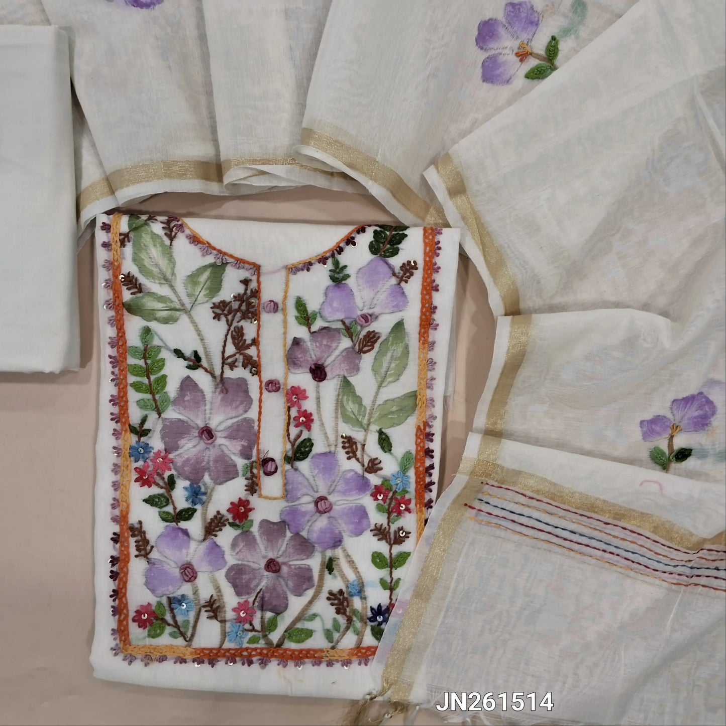 Designer half white base pure mul chanderi unstitched salwar material (soft,Lining Needed)brush paint & embroidery work on yoke, cotton provided for lining NO BOTTOM, brush paint,embroidery work on mul chanderi dupatta with gold tissue borders. JN261514