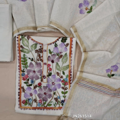 Designer half white base pure mul chanderi unstitched salwar material (soft,Lining Needed)brush paint & embroidery work on yoke, cotton provided for lining NO BOTTOM, brush paint,embroidery work on mul chanderi dupatta with gold tissue borders. JN261514