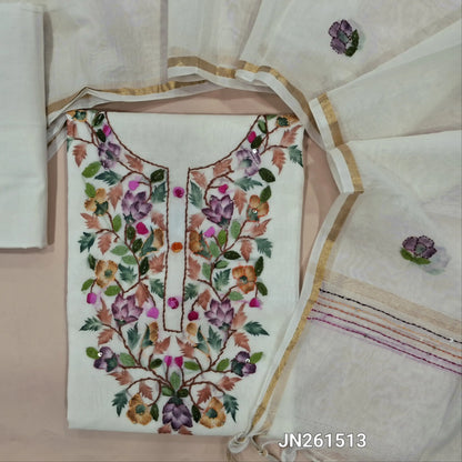 Designer half white base pure mul chanderi unstitched salwar material (soft,Lining Needed)brush paint & embroidery work on yoke, cotton provided for lining NO BOTTOM, brush paint,embroidery work on mul chanderi dupatta with gold tissue borders. JN261513