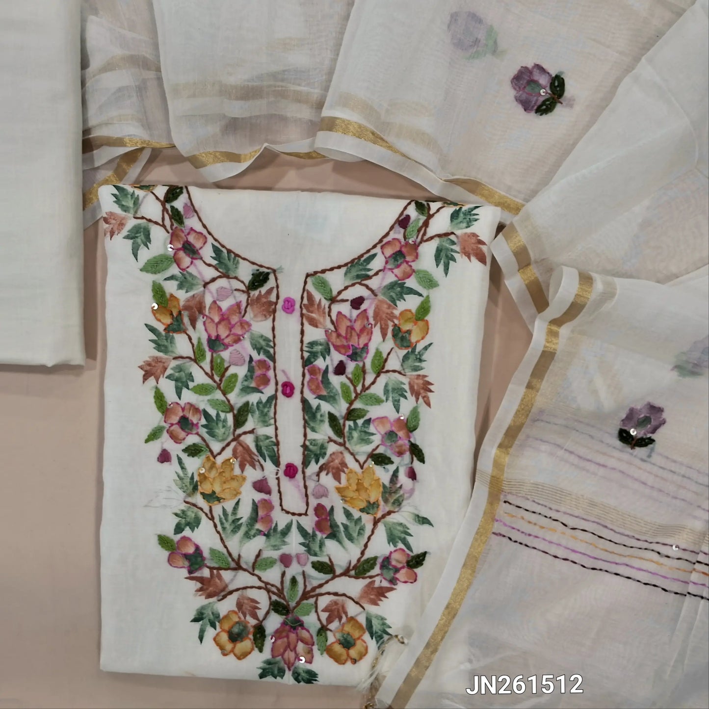 Designer half white base pure mul chanderi unstitched salwar material (soft,Lining Needed)brush paint & embroidery work on yoke, cotton provided for lining NO BOTTOM, brush paint,embroidery work on mul chanderi dupatta with gold tissue borders. JN261512