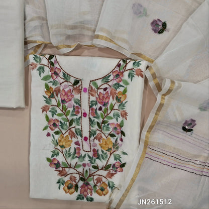 Designer half white base pure mul chanderi unstitched salwar material (soft,Lining Needed)brush paint & embroidery work on yoke, cotton provided for lining NO BOTTOM, brush paint,embroidery work on mul chanderi dupatta with gold tissue borders. JN261512