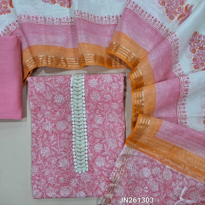 Pastel pink block printed chanderi silk cotton unstitched salwar material,thread work & fancy less work on yoke (light weight,Lining Needed) matching silky bottom, block printed chanderi silk cotton dupatta with zari detailing. JN261303
