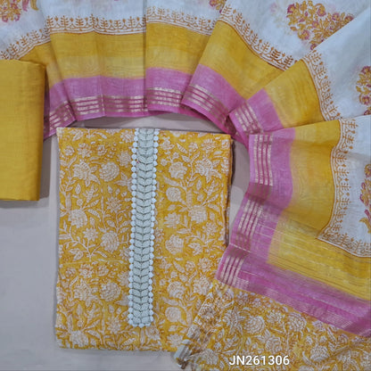 Pastel yellow block printed chanderi silk cotton unstitched salwar material,thread work & fancy less work on yoke (light weight,Lining Needed) matching silky bottom, block printed chanderi silk cotton dupatta with zari detailing. JN261306