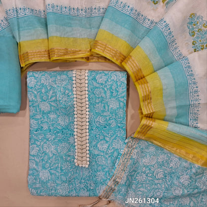 Pastel blue block printed chanderi silk cotton unstitched salwar material,thread work & fancy less work on yoke (light weight,Lining Needed) matching silky bottom, block printed chanderi silk cotton dupatta with zari detailing. JN261304