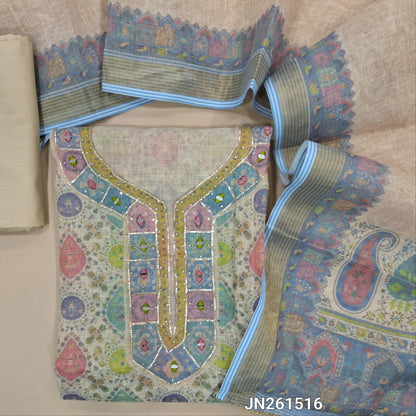 Pastel blue shade golden tint premium tissue silk cotton unstitched salwar material,sequins & real mirror work on yoke,kota real mirror work daman(lining needed)matching cotton bottom,digital printed tissue silk cotton dupatta with borders. JN261516