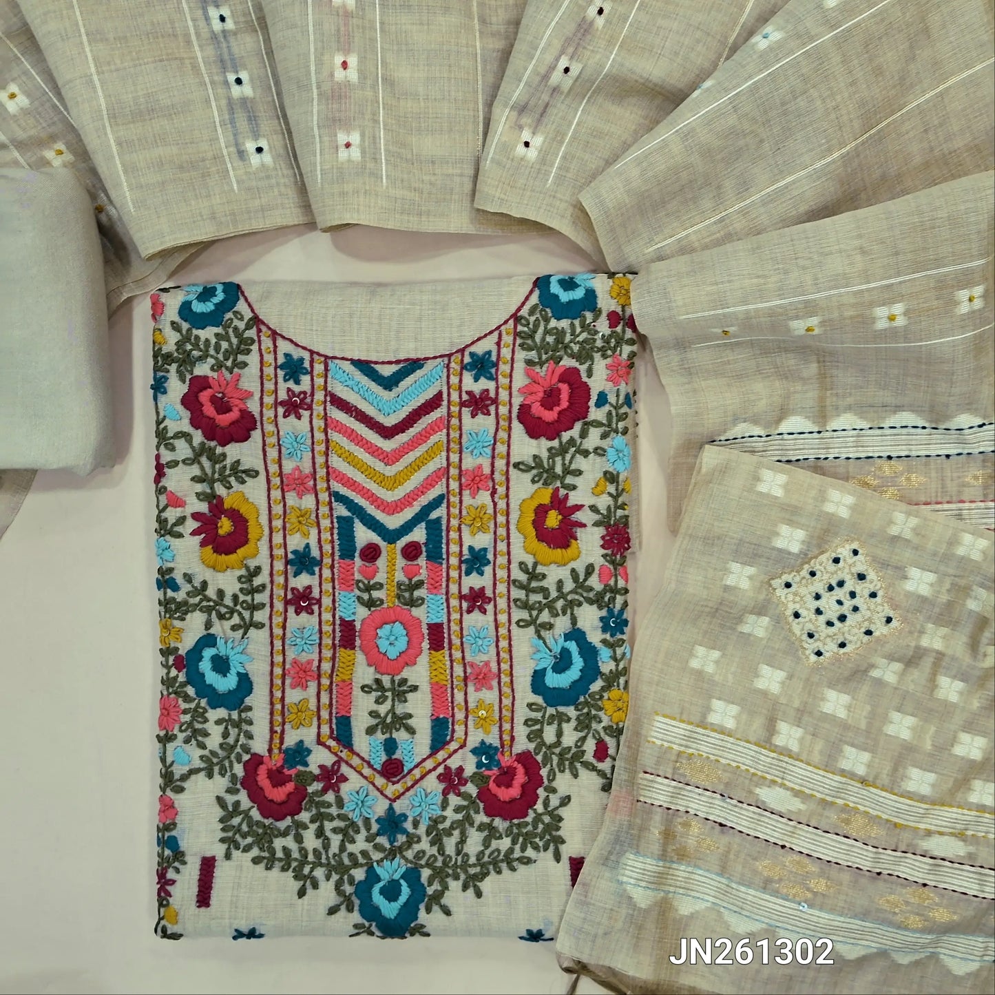 Designer rich beige soft silk cotton unstitched salwar material(lining needed)hand embroidery & thread work on yoke, penal embroidered,santoon bottom, embroidery & french knot on jamdani woven soft silk cotton dupatta with kantha stitch pallu. JN261302