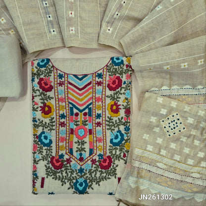 Designer rich beige soft silk cotton unstitched salwar material(lining needed)hand embroidery & thread work on yoke, penal embroidered,santoon bottom, embroidery & french knot on jamdani woven soft silk cotton dupatta with kantha stitch pallu. JN261302