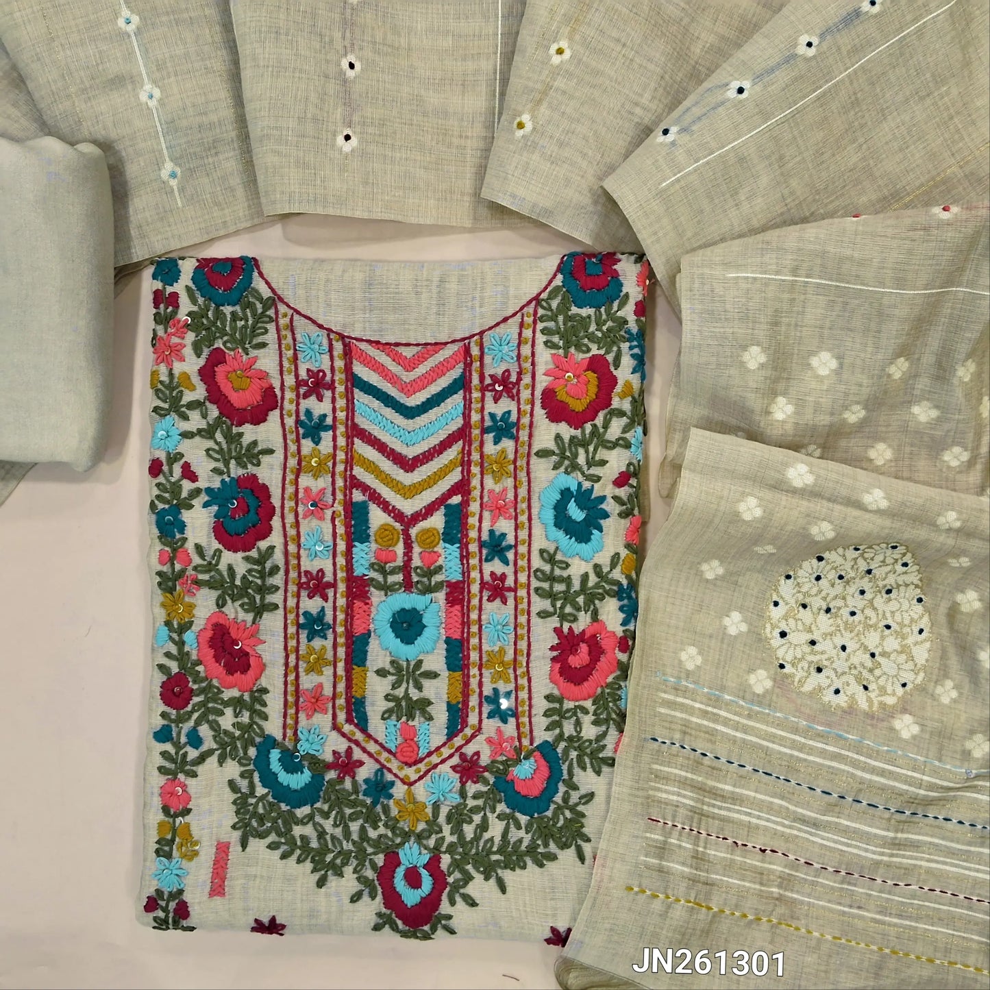 Designer rich beige soft silk cotton unstitched salwar material(lining needed)hand embroidery & thread work on yoke, penal embroidered,santoon bottom, embroidery & french knot on jamdani woven soft silk cotton dupatta with kantha stitch pallu. JN261301
